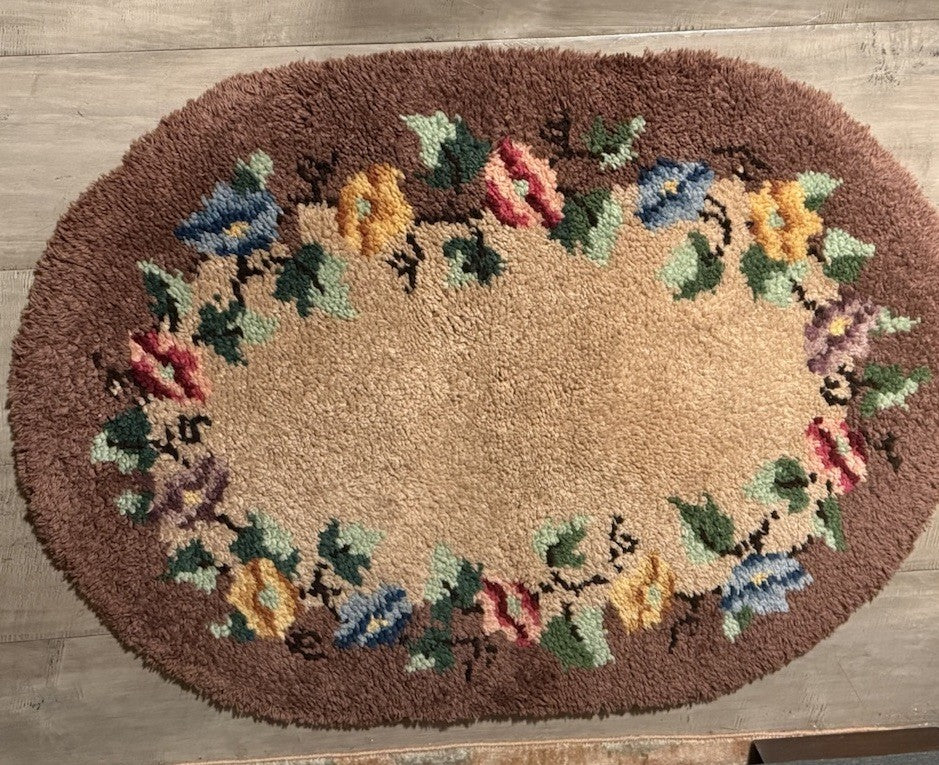 Vtg 1971 Handmade Hooked Rug | Approx. 27x37" Oval Floral Folk Art Accent Mat