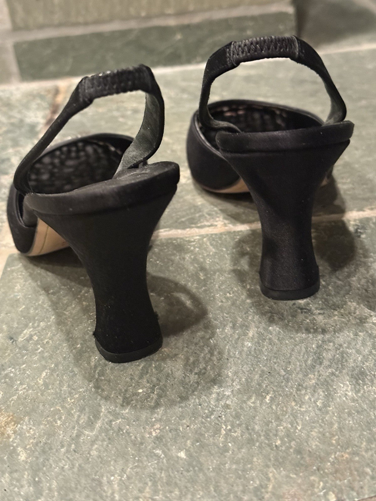 Womens Black Satin Crystal Slingback Heels Size 8 New Year Partu  Formal