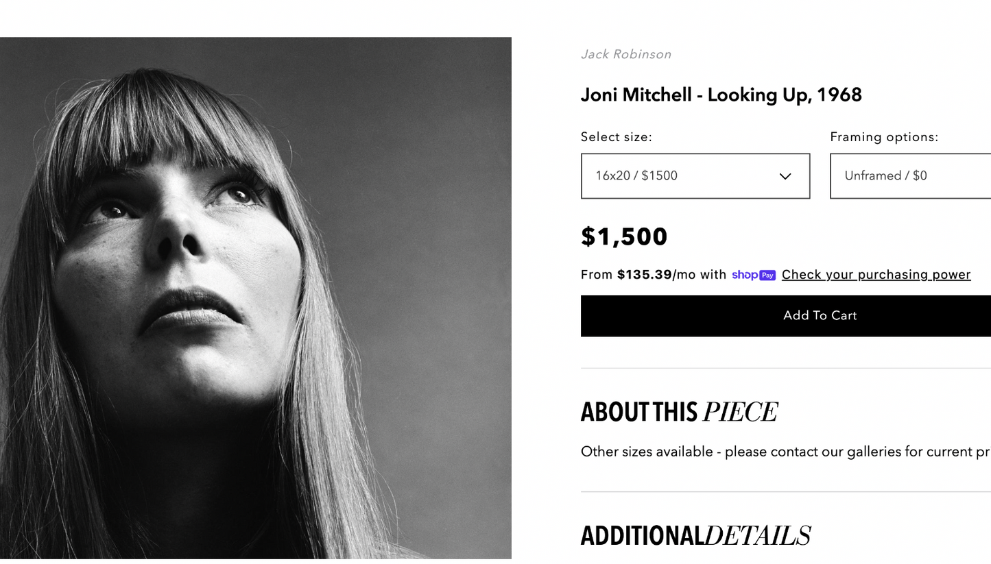 Joni Mitchell "Looking Up" 1968 Jack Robinson VOGUE Photo Print Lg Framed 44.5"