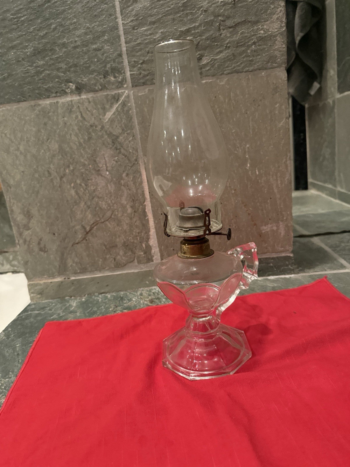 VINTAGE Clear Glass Kerosene Oil Lamp w/ Handle & Chimney 14" Tall Finger Lamp