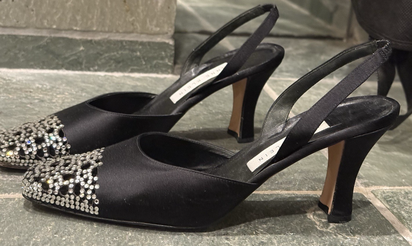 Womens Black Satin Crystal Slingback Heels Size 8 New Year Partu  Formal