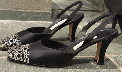 Womens Black Satin Crystal Slingback Heels Size 8 New Year Partu  Formal