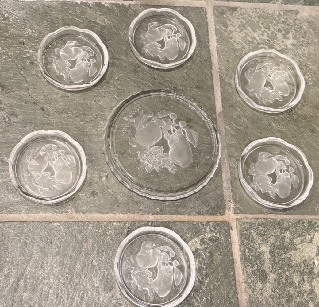 Val St Lambert Brussels Intaglio Crystal Coaster7 Pc Set  For 6 Glass + 1 Bottle