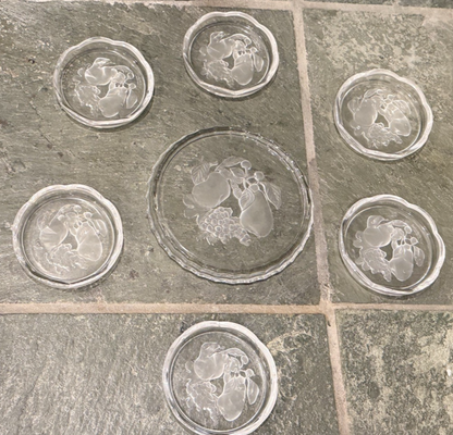 Val St Lambert Brussels Intaglio Crystal Coaster7 Pc Set  For 6 Glass + 1 Bottle