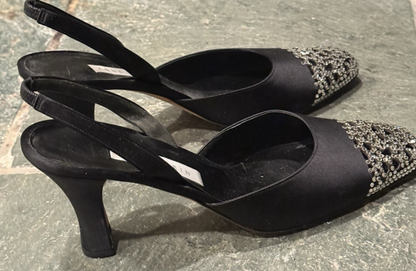 Womens Black Satin Crystal Slingback Heels Size 8 New Year Partu  Formal