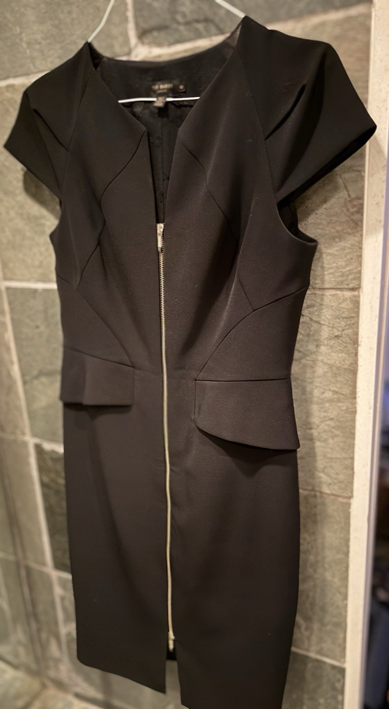 Ted Baker Architectural Pencil Dress Black Cocktail Sheath Gold Zip US 10 Size 4