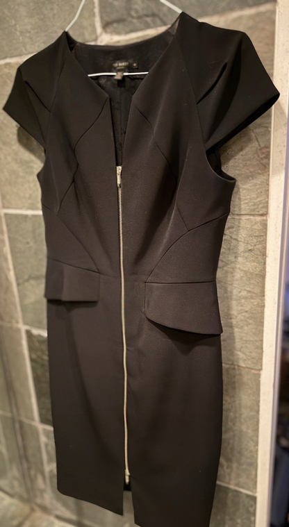 Ted Baker Architectural Pencil Dress Black Cocktail Sheath Gold Zip US 10 Size 4