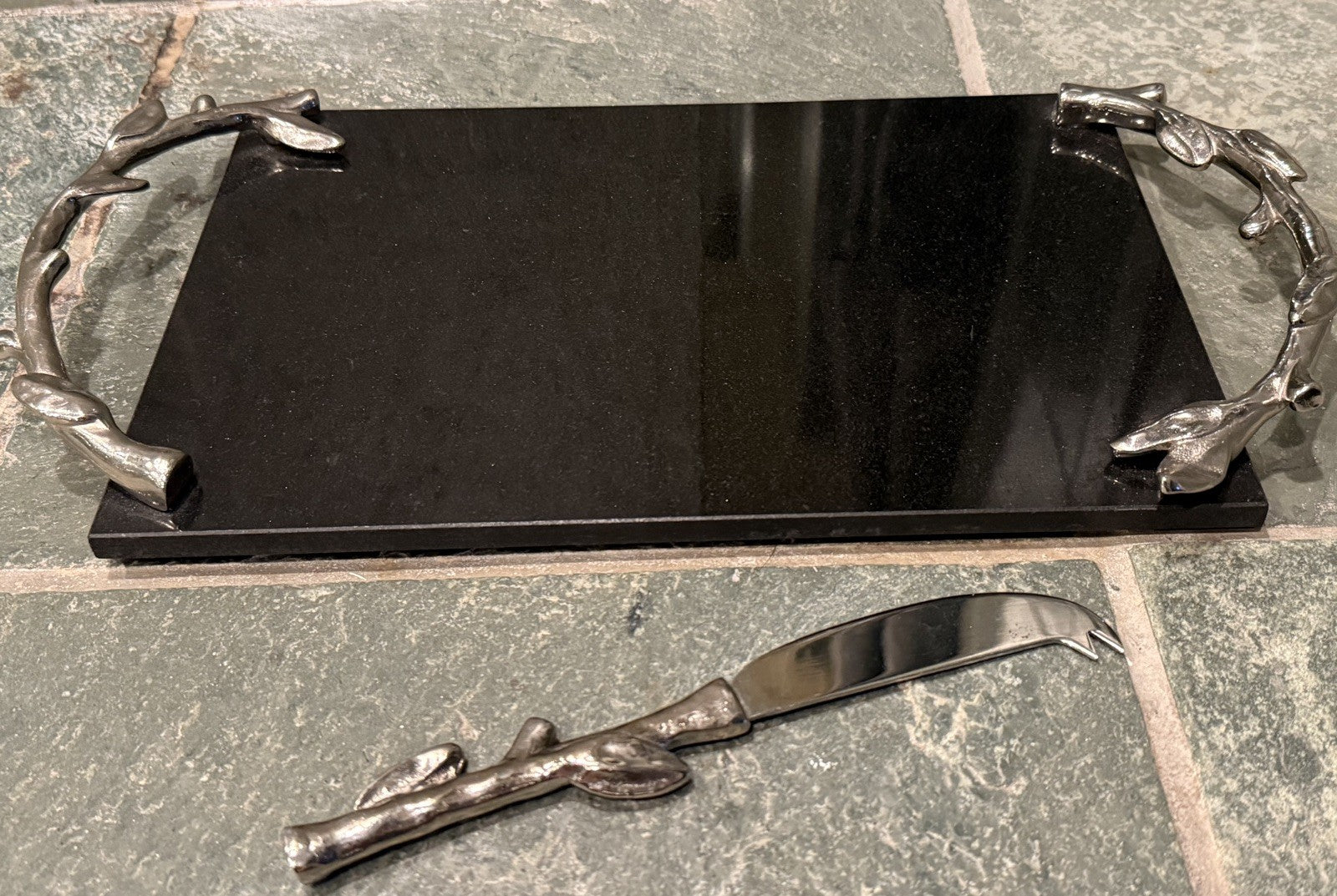 Vintage Arthur Court Black Marble Cheese Board Tray Leaves Silver Handles