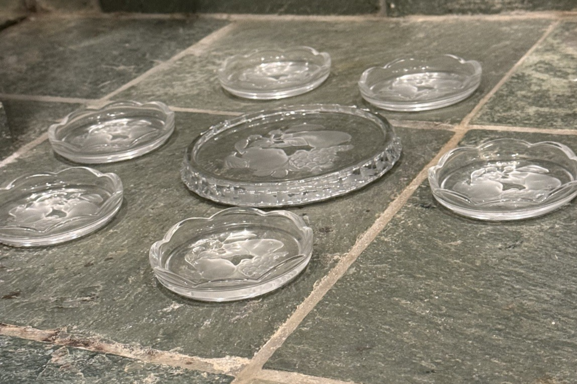 Val St Lambert Brussels Intaglio Crystal Coaster7 Pc Set  For 6 Glass + 1 Bottle