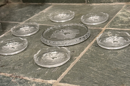 Val St Lambert Brussels Intaglio Crystal Coaster7 Pc Set  For 6 Glass + 1 Bottle